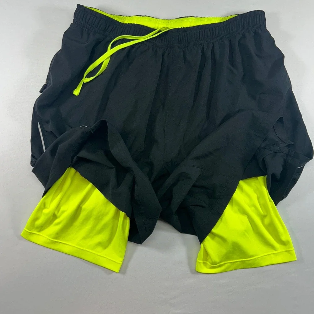 Hind Mens 2-in-1 Running Shorts Black Neon Yellow Compression Liner Size Medium
